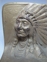 Load image into Gallery viewer, Antique Cast Iron Indian Chief Bookend Doorstop Display Art orig old gold paint
