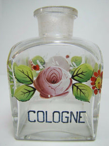 Antique COLOGNE Apothecary Drug Store Square Glass Bottle Hand Painted Jar