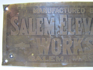 Antique SALEM ELEVATOR WORKS Brass Sign Salem Mass Architectural Hardware Plaque