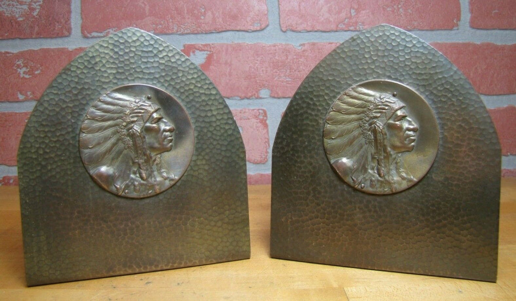 Antique Native American Indian Chief Hammered Brass Bookends Arts & Crafts