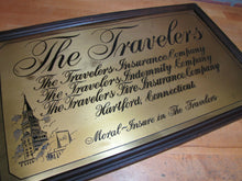 Load image into Gallery viewer, TRAVELERS INSURANCE HARTFORD CONNECTICUT Antique Brass Wooden Framed Sign
