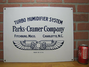 PARKS-CRAMER Co TURBO HUMIDIFIER SYSTEM Antique Porcelain Sign Made in USA Logo
