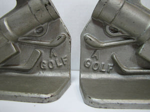 1930s GOLF Cast Iron Bookends Golf Ball Bag Tee Clubs Decorative Art Book Ends