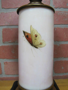 Antique Decorative Arts Hand Painted Bird Butterfly Flower Oil Lamp Brass Glass