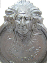Load image into Gallery viewer, FLECK BROS INDIAN CHIEF Antique Cast Iron Advertising Tray PEACE PIPE TOMAHAWK
