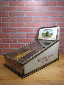 NATURAL BLOOM CIGARS Antique Cigar Store Display Case Tin Litho Sign PROPERTY OF HARRY BLUM NYC FELDHUHN DISPLAY CASE Co NYC