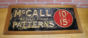 McCALL PATTERNS 10c 15c Antique Reverse on Glass Advertising Sign Wooden Frame early 1900s ROG 'All Seams Allowed'