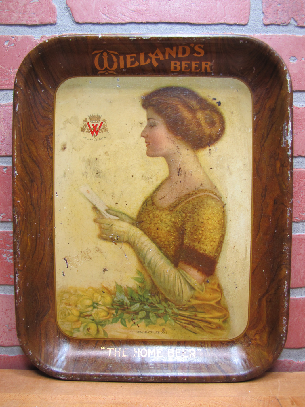 WIELAND'S BEER Antique Advertising Serving Tray AMERICAN ART WORKS COSHOCTON Ohio