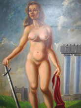 Load image into Gallery viewer, 1950s Nude Gladiatrix Warrior Beautiful Woman Art Painting 24x30 Masonite Board Edmund Guido Hauff &#39;57
