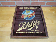Load image into Gallery viewer, SCHLITZ ON DRAUGHT Old Reverse on Glass Sign The Beer That Made Milwaukee Famous ROG Wooden Frame Bar Pub Tavern Advertising
