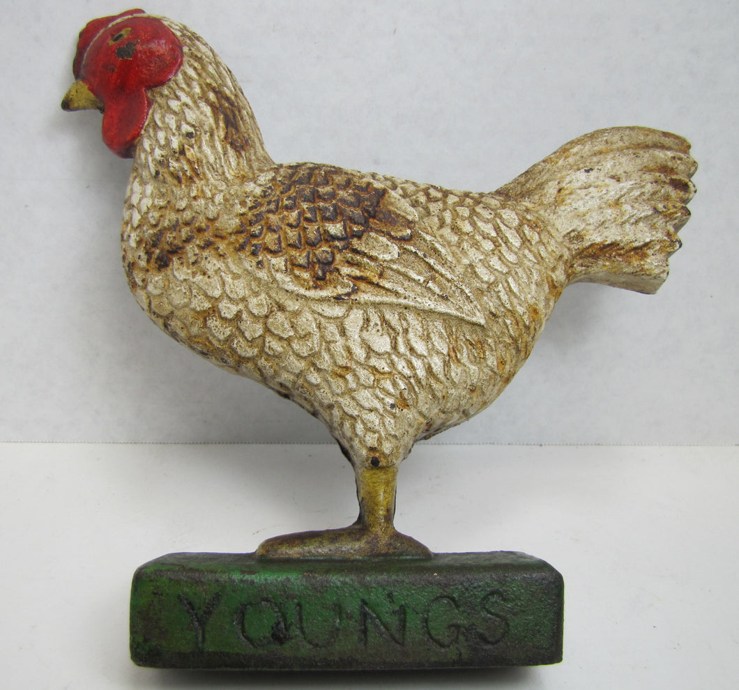 YOUNG'S FEEDS TOLEDO OHIO Old Cast Iron Advertising Chicken  Doorstop Farm Feed Seed Store Display Sign Statue