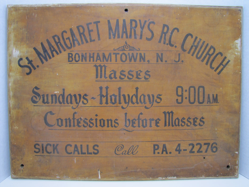 St MARGARET MARY'S RC CHURCH BONHAMTOWN NJ Old Wood Sign SICK CALLS CONFESSIONS