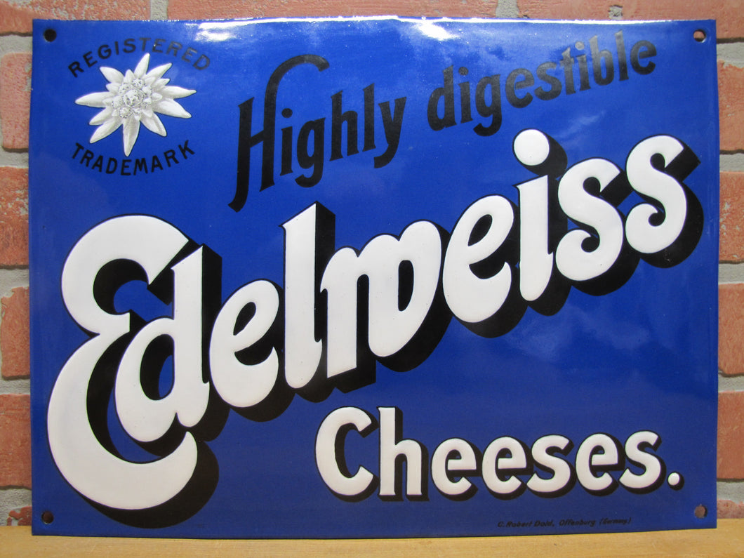 EDELWEISS CHEESES Highly digestible Old Porcelain Store Display Ad Sign C Robert Dold Offenburg Germany