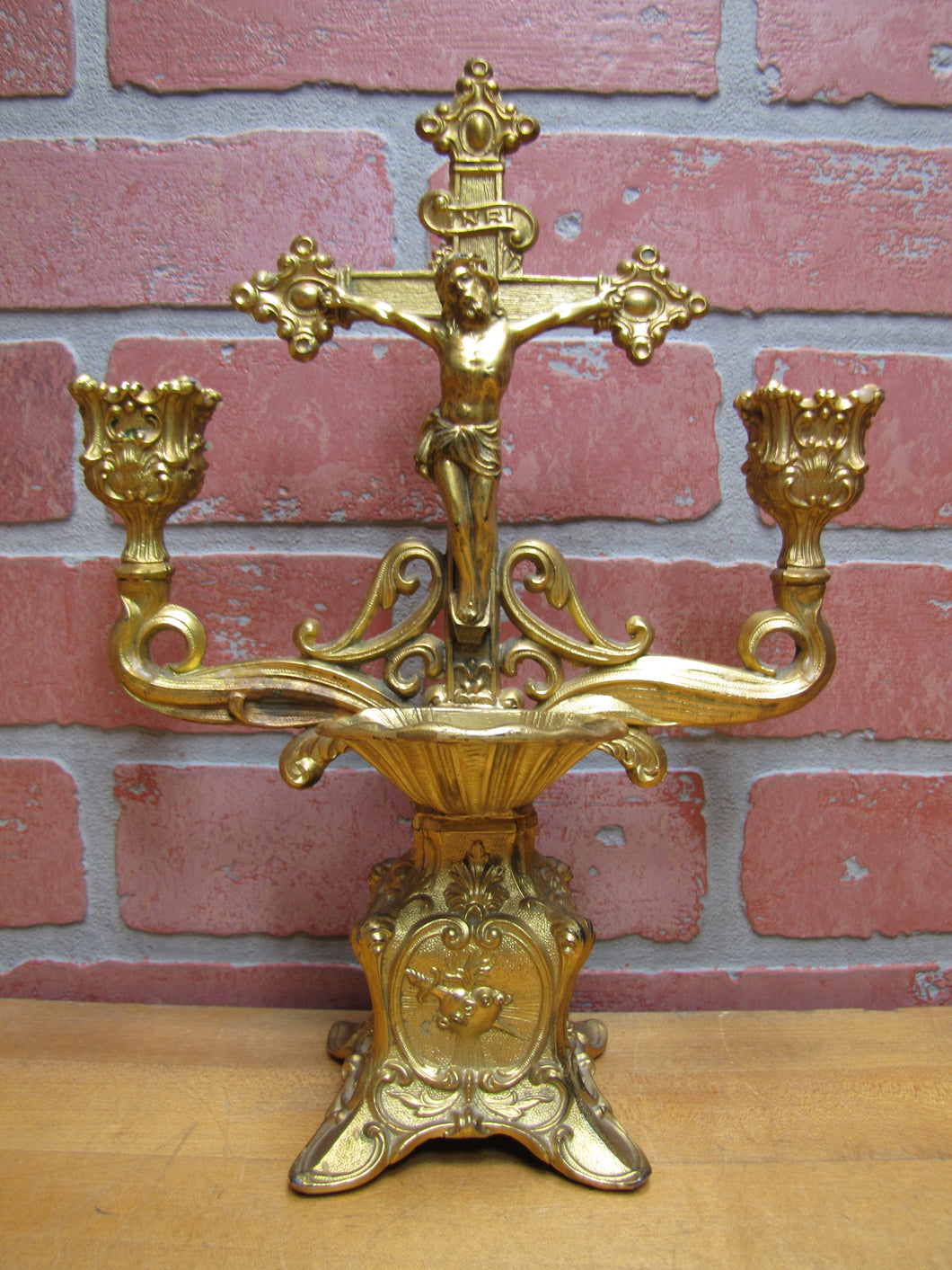 INRI JESUS CROSS CRUCIFIX Antique Decorative Arts Double Candlestick Holder