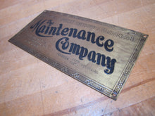Load image into Gallery viewer, THE MAINTENANCE COMPANY Franklin St NEW YORK Old Brass Machinery Equipment Elevator Ad Nameplate Sign
