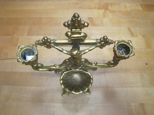 INRI JESUS CROSS CRUCIFIX Antique Decorative Arts Double Candlestick Holder