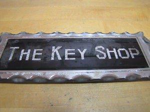 THE KEY SHOP Antique Reverse on Chip Scalloped Glass Advertising Sign ROG Foil Design Metal Back Frame
