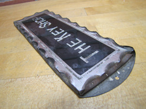 THE KEY SHOP Antique Reverse on Chip Scalloped Glass Advertising Sign ROG Foil Design Metal Back Frame