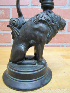 Old Bronze Lion Dauphin Koi Devil Fish Chamberstick Candle Stick Holder Oil Lamp Base Ornate Detailing