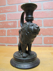 Old Bronze Lion Dauphin Koi Devil Fish Chamberstick Candle Stick Holder Oil Lamp Base Ornate Detailing