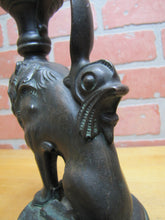Load image into Gallery viewer, Old Bronze Lion Dauphin Koi Devil Fish Chamberstick Candle Stick Holder Oil Lamp Base Ornate Detailing
