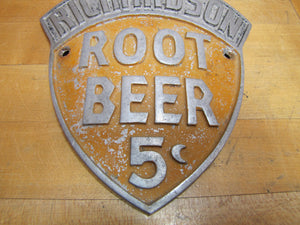 RICHARDSON ROOT BEER 5c Original Old Embossed Metal Soda Drink Advertising Sign