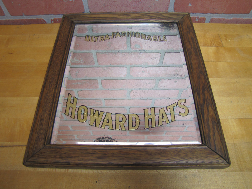 HOWARD HATS ULTRA FASHIONABLE Antique Turn of Century Haberdashers Clothiers Advertising Reverse on Glass Bevel Edge Mirror Sign Wooden Frame TOC ROG