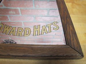 HOWARD HATS ULTRA FASHIONABLE Antique Turn of Century Haberdashers Clothiers Advertising Reverse on Glass Bevel Edge Mirror Sign Wooden Frame TOC ROG