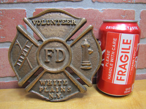 VOLUNTEER FD WHITE PLAINS NY Old Brass Auto Truck Fire Department Plaque Sign Advertising