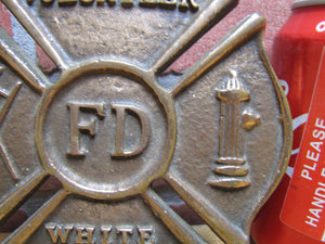 VOLUNTEER FD WHITE PLAINS NY Old Brass Auto Truck Fire Department Plaque Sign Advertising