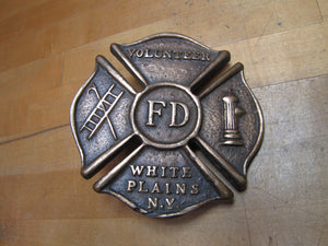 VOLUNTEER FD WHITE PLAINS NY Old Brass Auto Truck Fire Department Plaque Sign Advertising