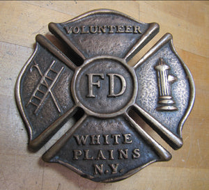 VOLUNTEER FD WHITE PLAINS NY Old Brass Auto Truck Fire Department Plaque Sign Advertising