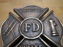 Load image into Gallery viewer, VOLUNTEER FD WHITE PLAINS NY Old Brass Auto Truck Fire Department Plaque Sign Advertising
