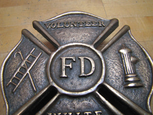 VOLUNTEER FD WHITE PLAINS NY Old Brass Auto Truck Fire Department Plaque Sign Advertising