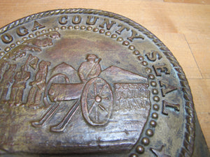 SARATOGA COUNTY SEAL 1866 Old NY Brass Bronze Plaque Marker Sign Advertising New York