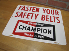 Load image into Gallery viewer, CHAMPION DEPENDABLE SPARK PLUGS FASTEN YOUR SAFETY BELTS 1970 Shop Drag Strip Sign AM 5-70 Made in USA
