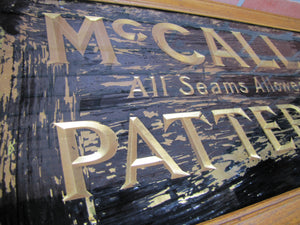 McCALL PATTERNS 10c 15c Antique Reverse on Glass Advertising Sign Wooden Frame early 1900s ROG 'All Seams Allowed'