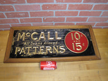 Load image into Gallery viewer, McCALL PATTERNS 10c 15c Antique Reverse on Glass Advertising Sign Wooden Frame early 1900s ROG &#39;All Seams Allowed&#39;

