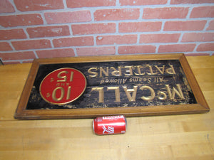 McCALL PATTERNS 10c 15c Antique Reverse on Glass Advertising Sign Wooden Frame early 1900s ROG 'All Seams Allowed'