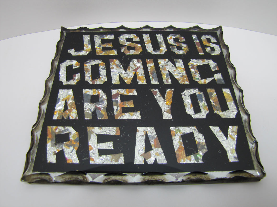 JESUS IS COMING ARE YOU READY Antique Folk Art Thick Glass Scalloped Edge Sign Tin Back