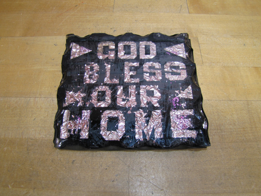 GOD BLESS OUR HOME Old Folk Art Chip Glass Foil Tin Religious Art Plaque Sign