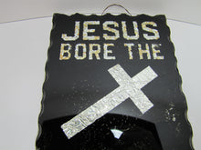 Load image into Gallery viewer, JESUS BORE THE CROSS FOR ME Old Folk Art Thick Glass Scalloped Edge Sign Tin
