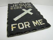 Load image into Gallery viewer, JESUS BORE THE CROSS FOR ME Old Folk Art Thick Glass Scalloped Edge Sign Tin
