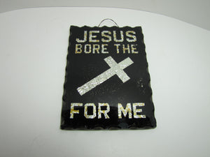 JESUS BORE THE CROSS FOR ME Old Folk Art Thick Glass Scalloped Edge Sign Tin