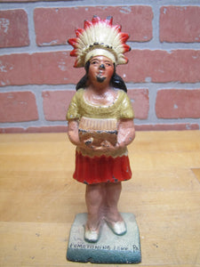 NATIVE AMERICAN INDIAN GIRL CIGAR BOX PYMATUNING LAKE PA Old Cast Iron Souvenir Statue Cigar Shop Counter Display