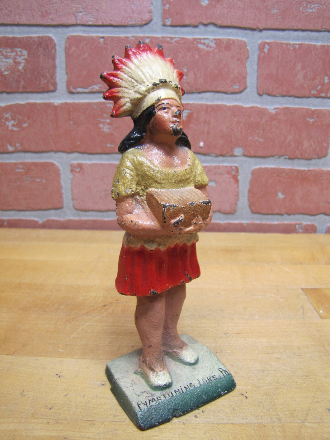 NATIVE AMERICAN INDIAN GIRL CIGAR BOX PYMATUNING LAKE PA Old Cast Iron Souvenir Statue Cigar Shop Counter Display