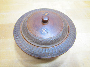 Antique 1800s Swirling Log Wooden Trinket Box Tobacco Snuff Good Luck 'Swastika' Native American Indian