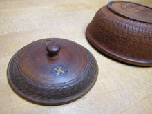 Load image into Gallery viewer, Antique 1800s Swirling Log Wooden Trinket Box Tobacco Snuff Good Luck &#39;Swastika&#39; Native American Indian

