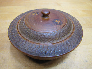 Antique 1800s Swirling Log Wooden Trinket Box Tobacco Snuff Good Luck 'Swastika' Native American Indian
