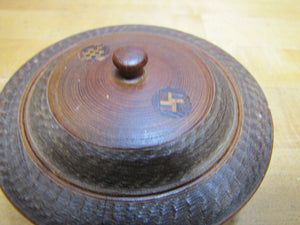 Antique 1800s Swirling Log Wooden Trinket Box Tobacco Snuff Good Luck 'Swastika' Native American Indian